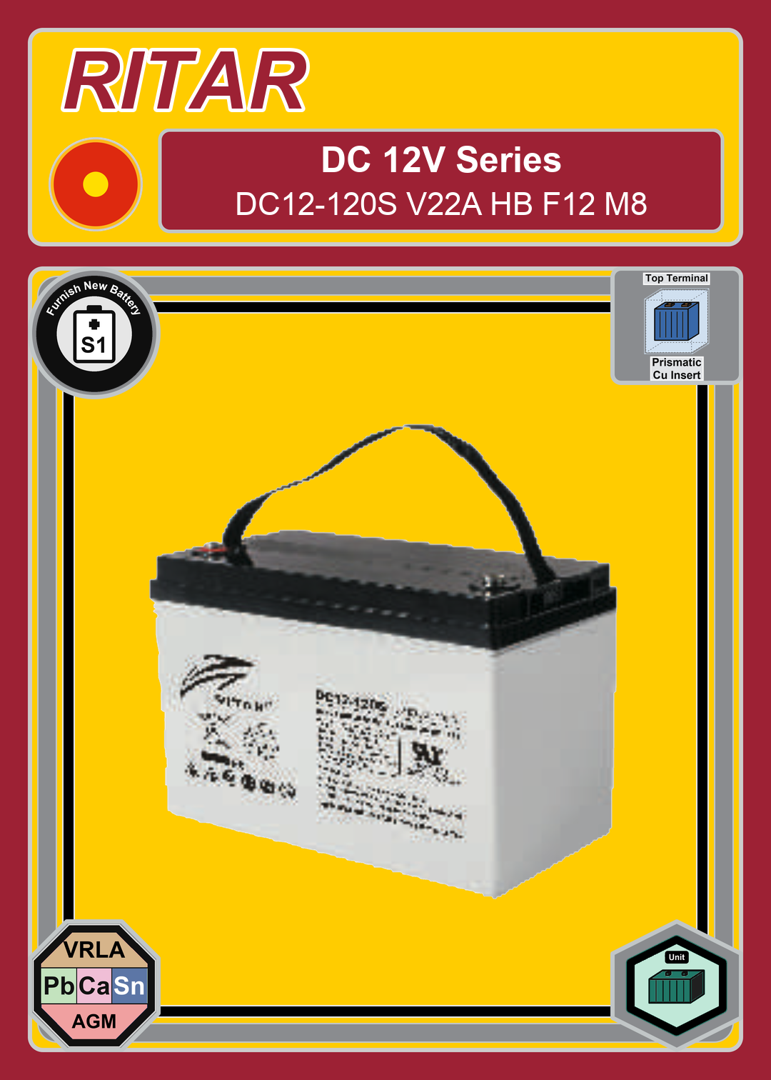 Furnish New Battery Ritar DC Series DC12 120S V22A HB F12 M8