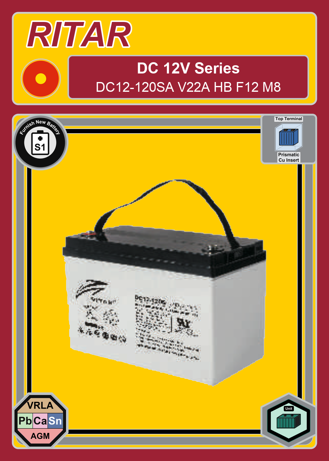 Furnish New Battery Ritar DC Series DC12 120SA V22A HB F12 M8