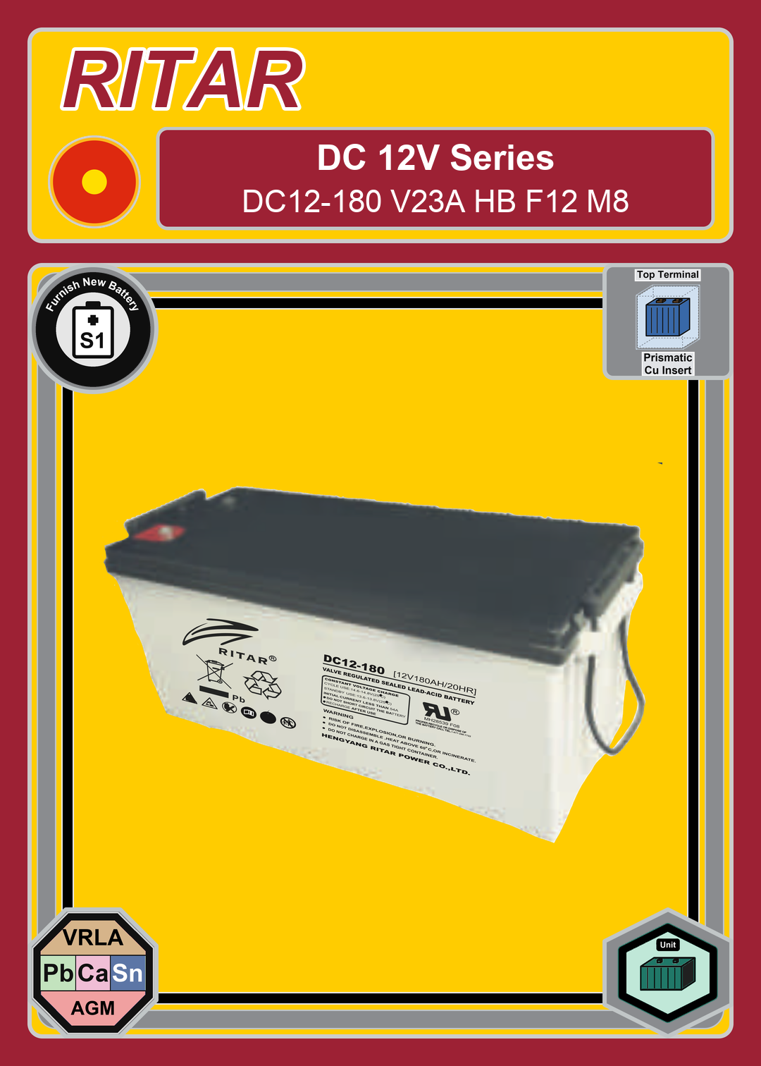 Furnish New Battery Ritar DC Series DC12 180 V23A HB F12 M8
