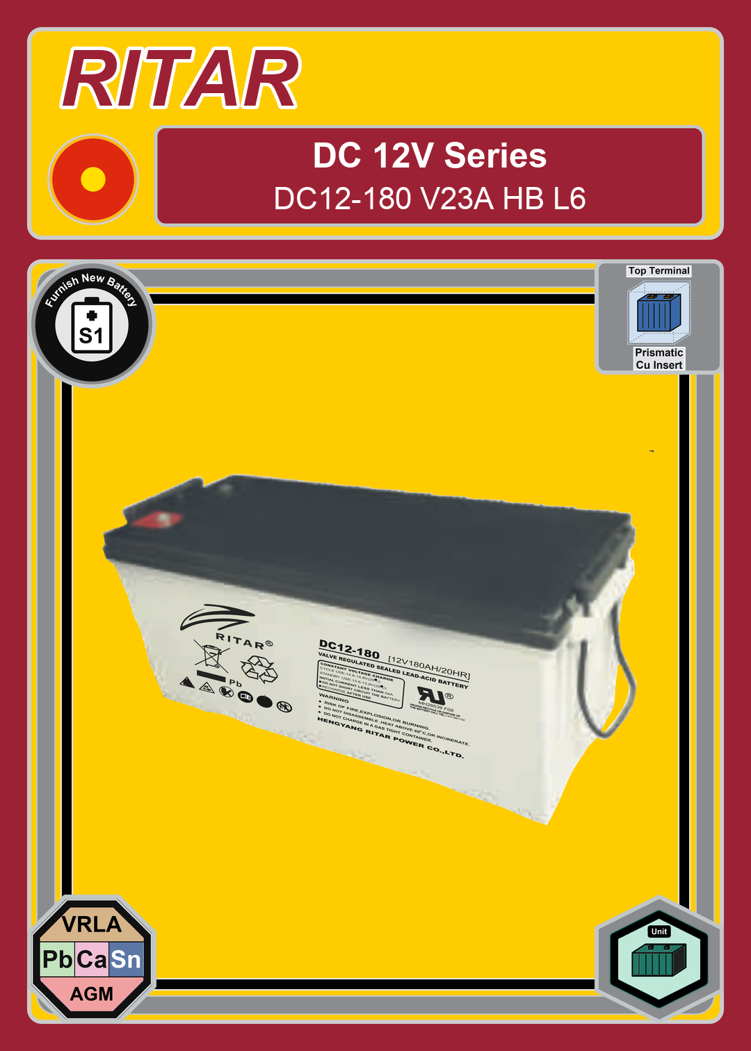 Furnish New Battery Ritar DC Series DC12 180 V23A HB L6