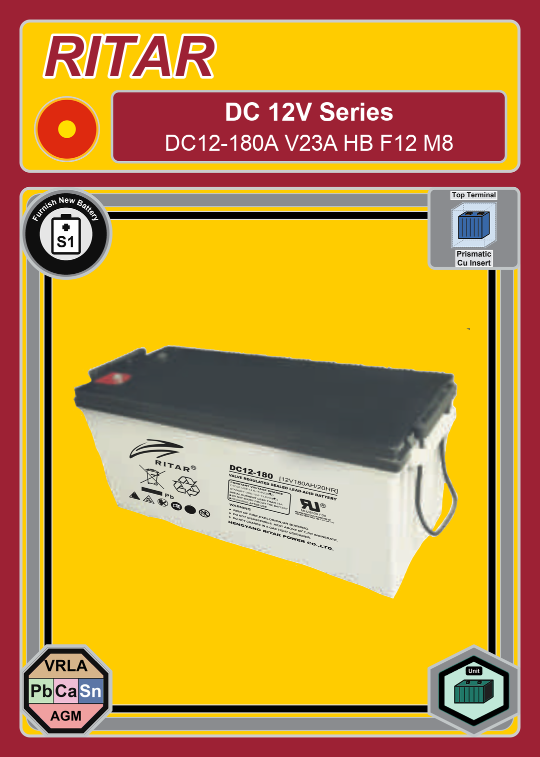 Furnish New Battery Ritar DC Series DC12 180A V23A HB F12 M8