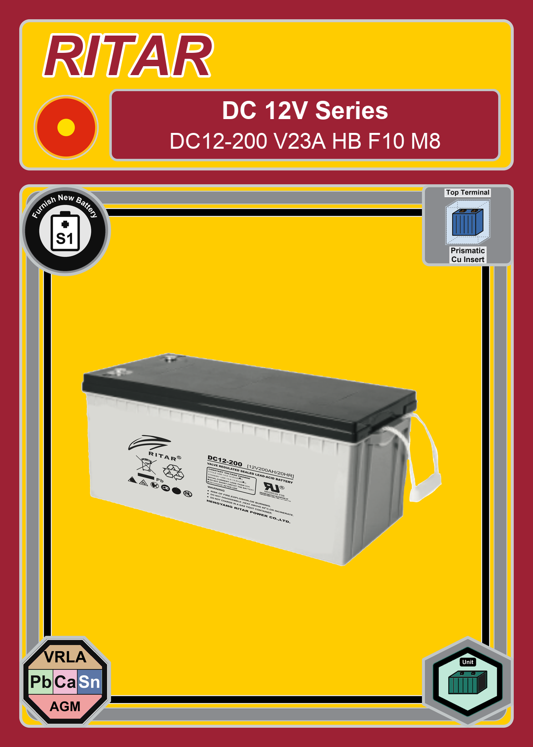 Furnish New Battery Ritar DC Series DC12 200 V23A HB F10 M8