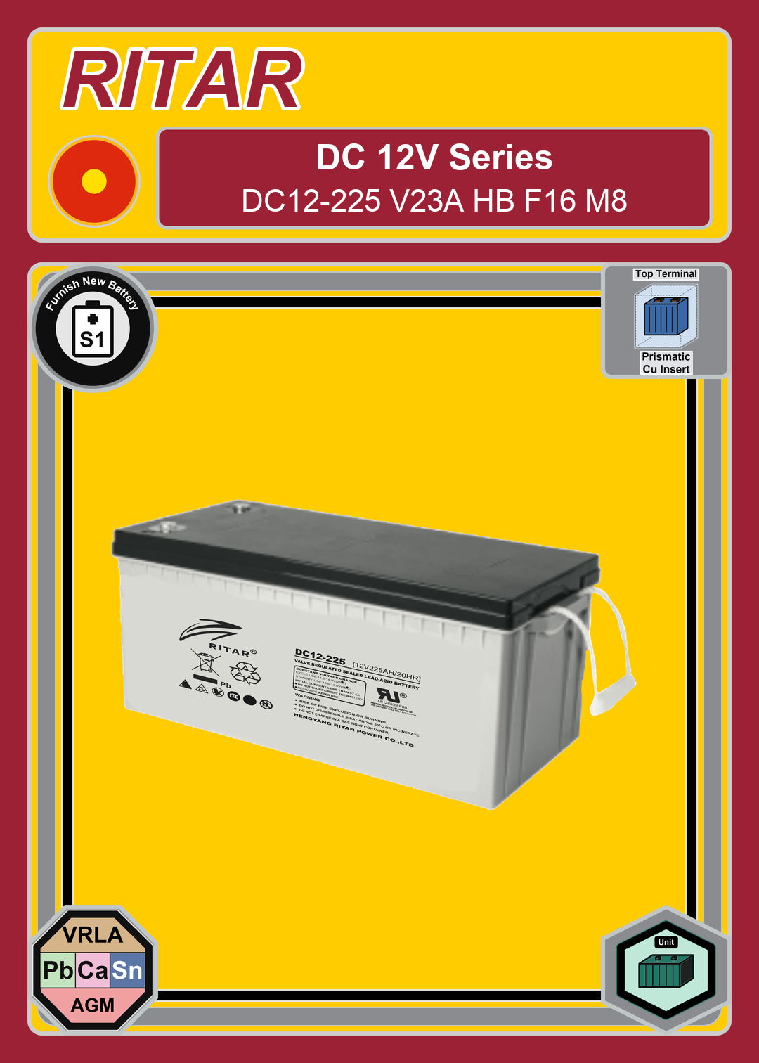 Furnish New Battery Ritar DC Series DC12 225 V23A HB F16 M8