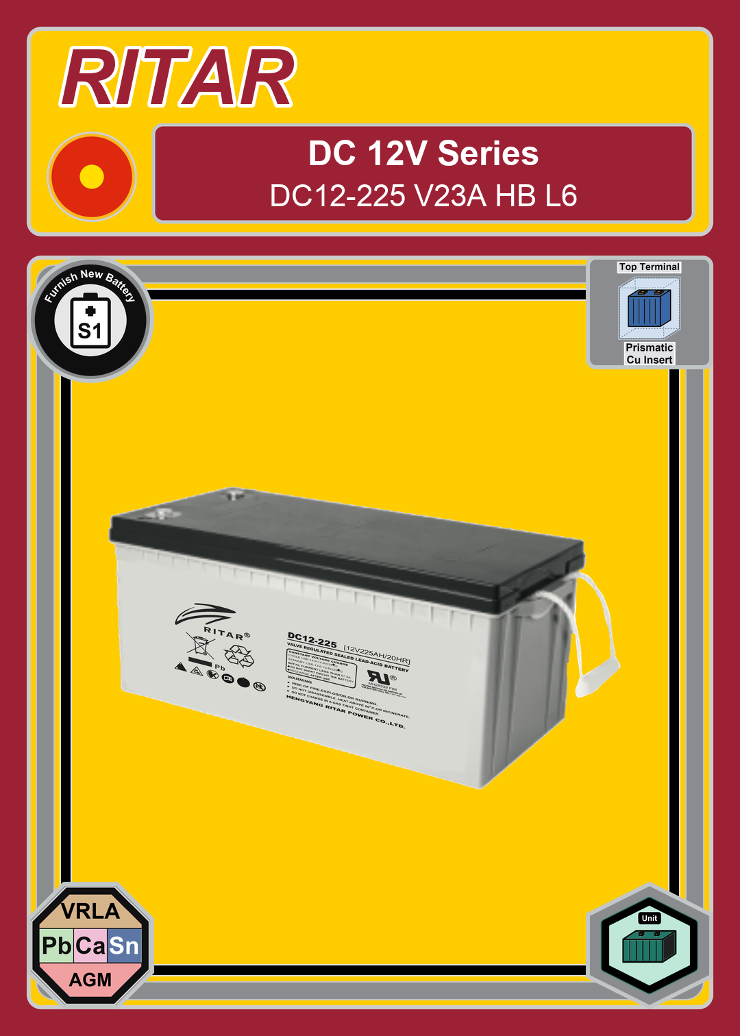 Furnish New Battery Ritar DC Series DC12 225 V23A HB L6