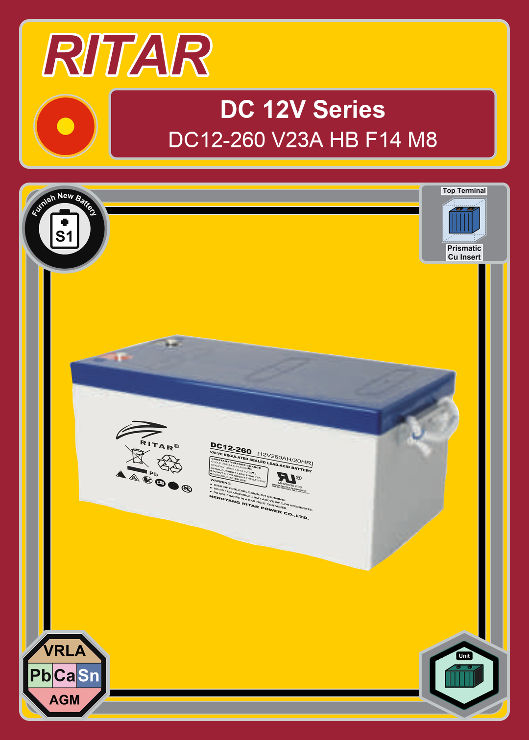 Furnish New Battery Ritar DC Series DC12 260 V23A HB F14 M8