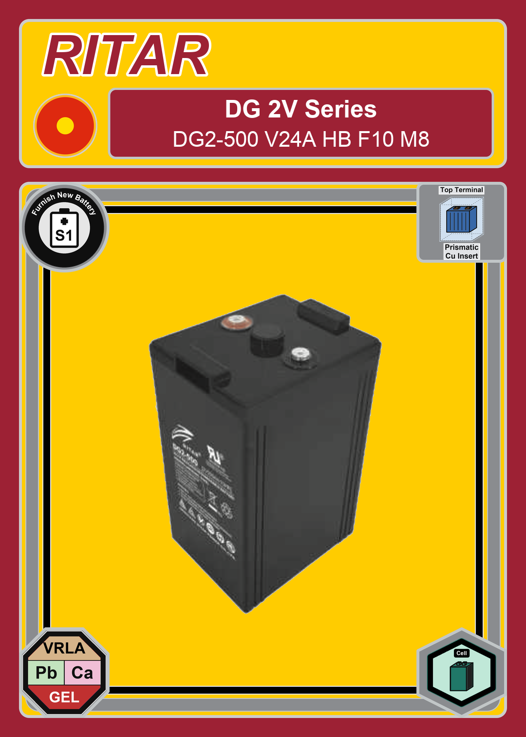 Furnish New Battery Ritar DG Series DG2 500 V24A HB F10 M8
