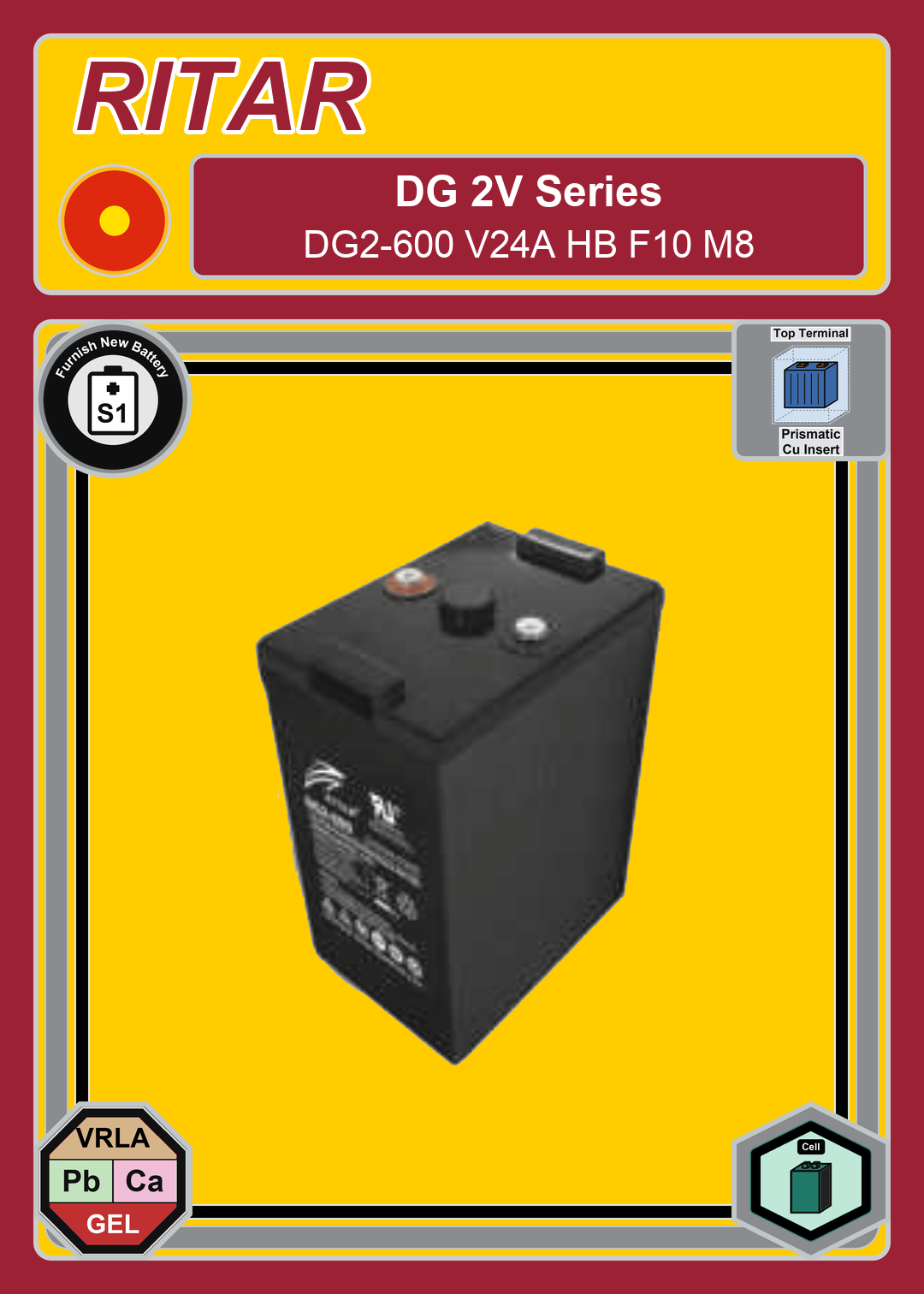 Furnish New Battery Ritar DG Series DG2 600 V24A HB F10 M8