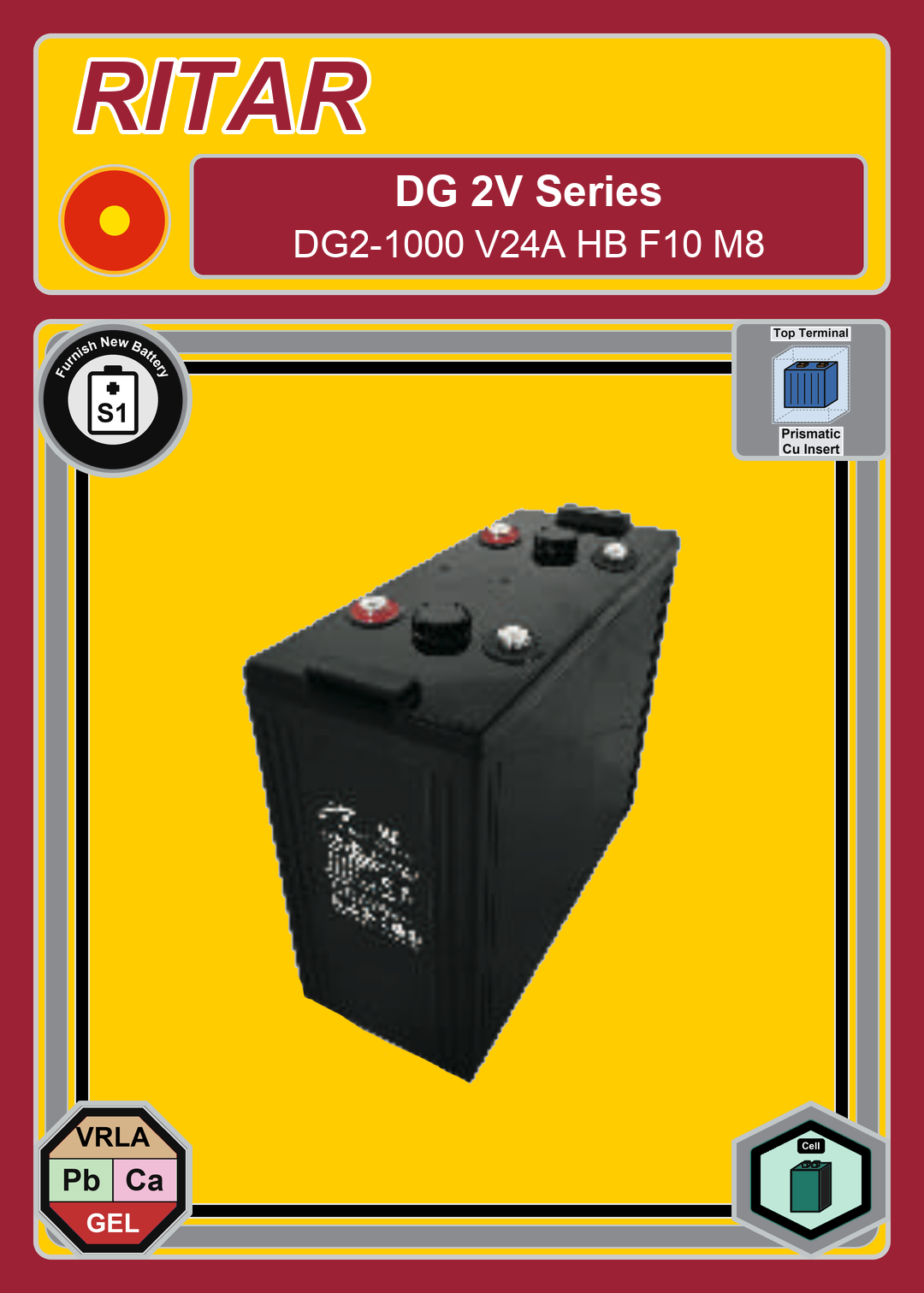 Furnish New Battery Ritar DG Series DG2 1000 V24A HB F10 M8