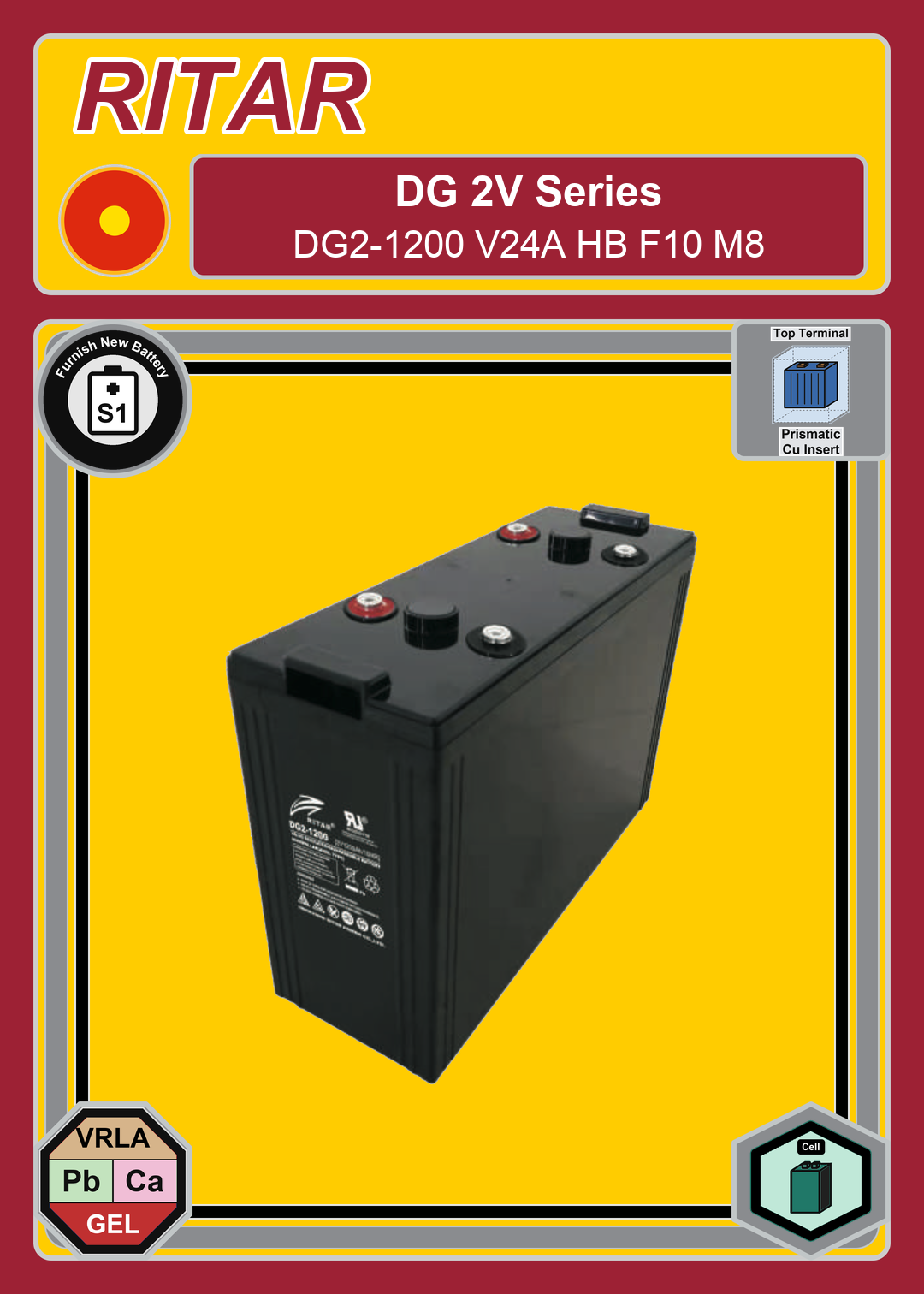 Furnish New Battery Ritar DG Series DG2 1200 V24A HB F10 M8