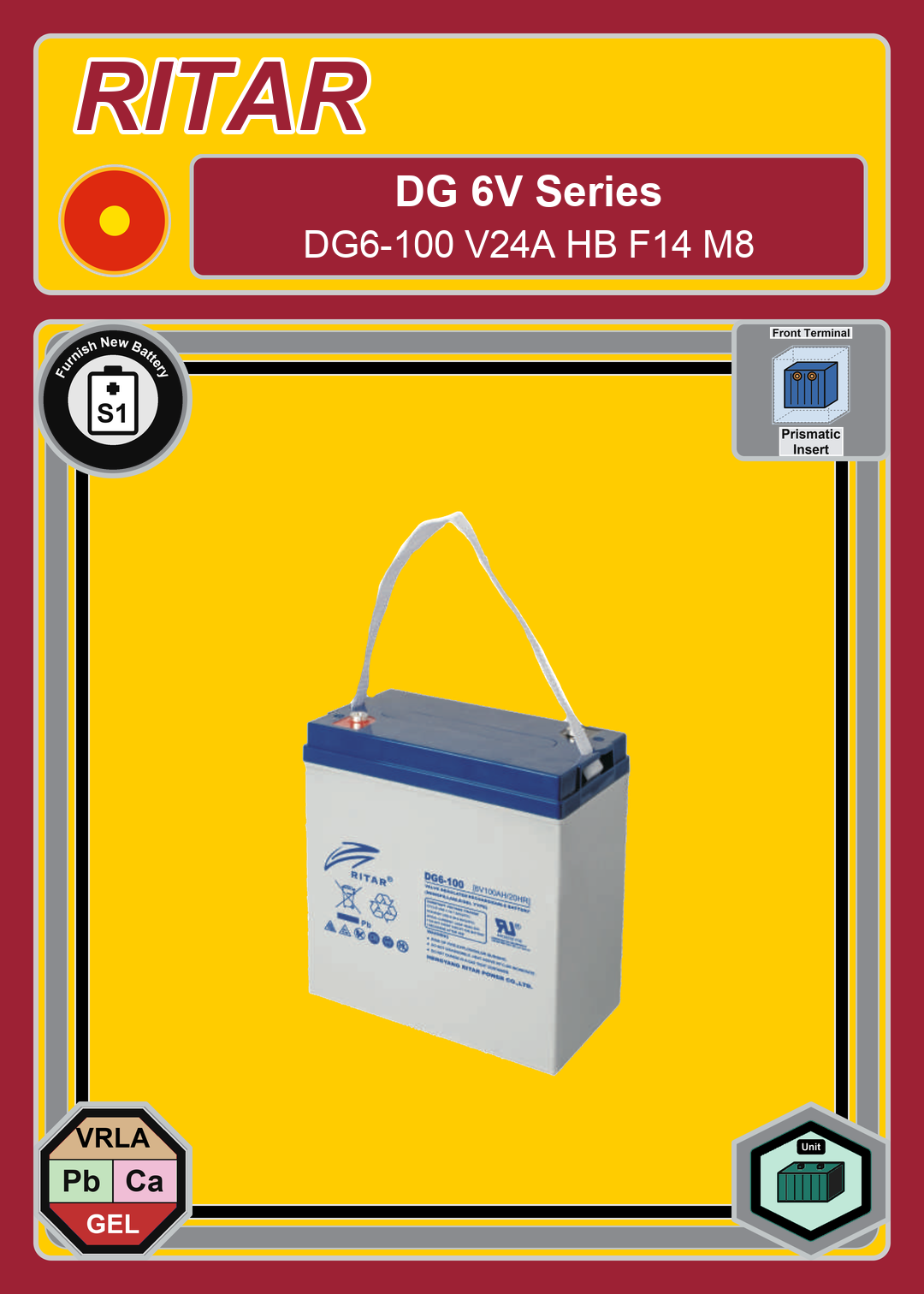 Furnish New Battery Ritar DG Series DG6 100 V24A HB F14 M8