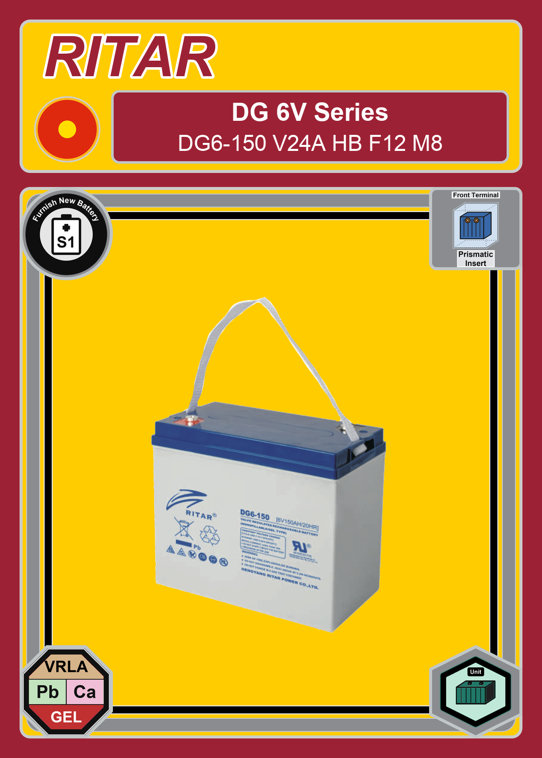 Furnish New Battery Ritar DG Series DG6 150 V24A HB F12 M8