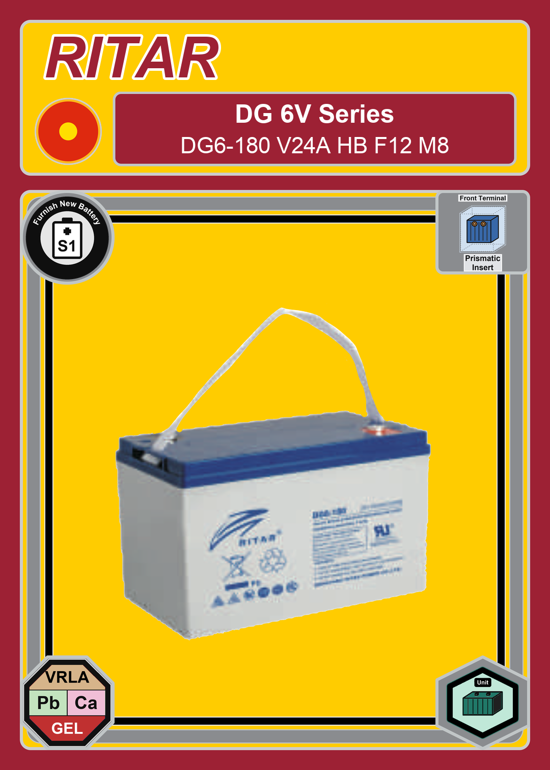 Furnish New Battery Ritar DG Series DG6 180 V24A HB F12 M8