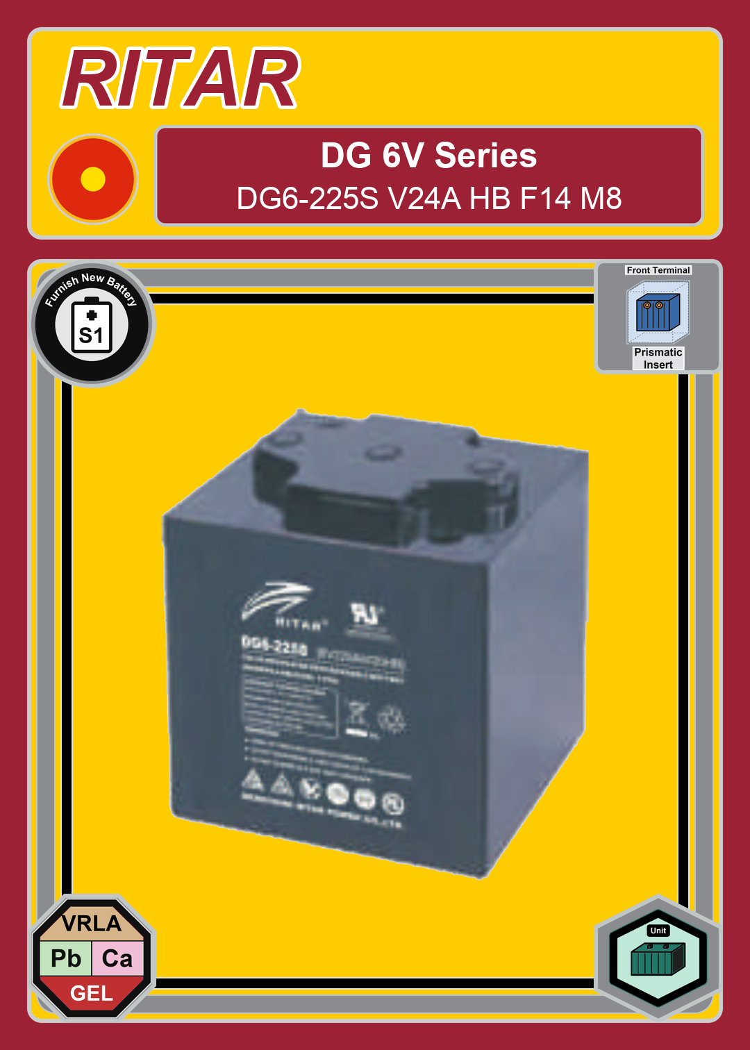 Furnish New Battery Ritar DG Series DG6 225S V24A HB F14 M8