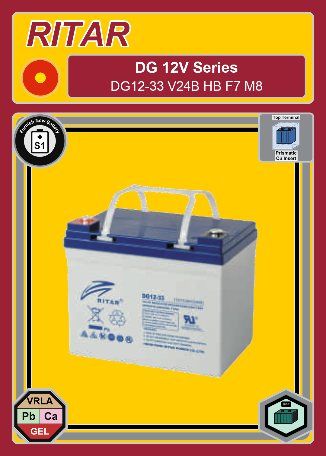 Furnish New Battery Ritar DG Series DG12 33 V24B HB F7 M8
