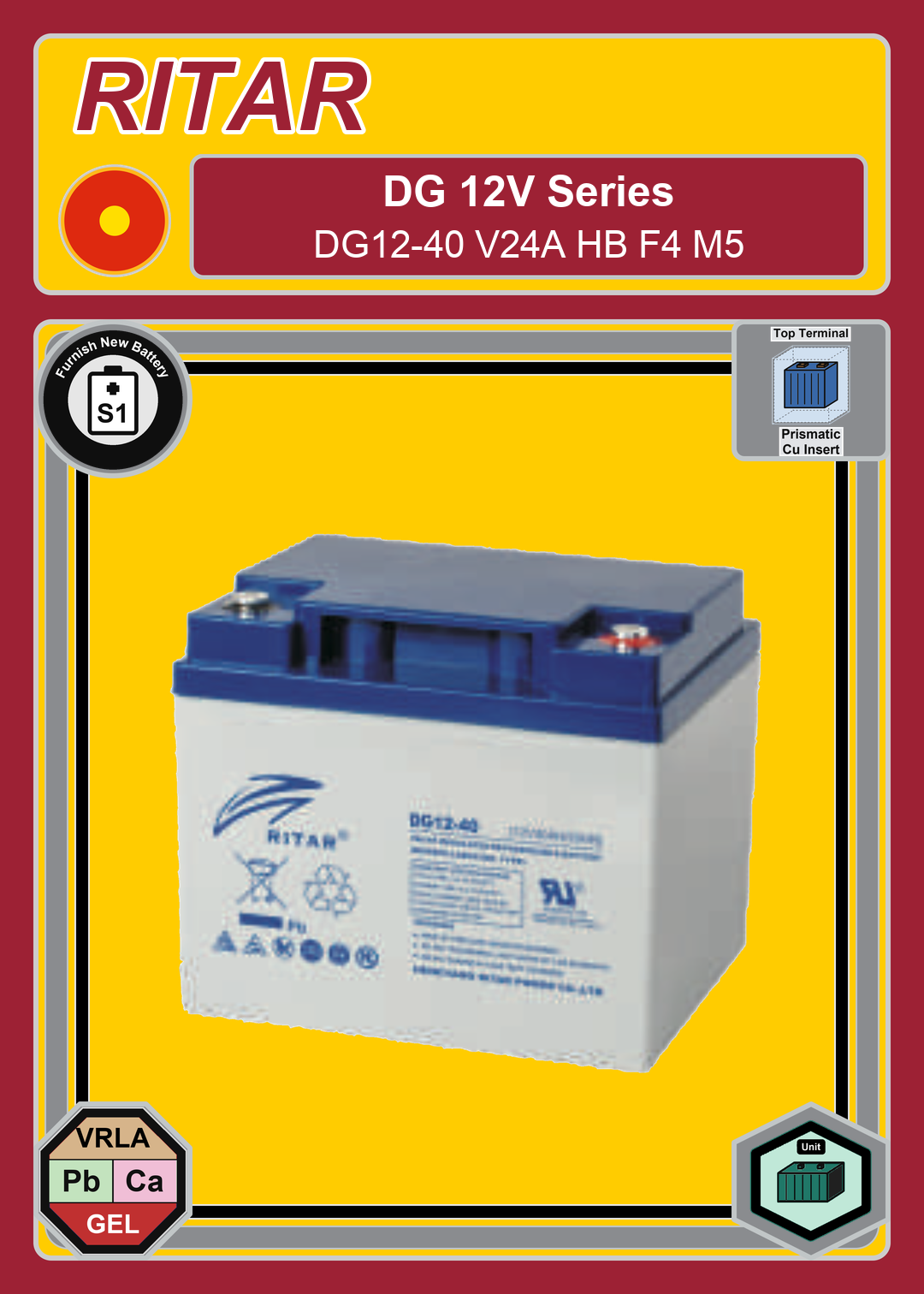 Furnish New Battery Ritar DG Series DG12 40 V24A HB F4 M5