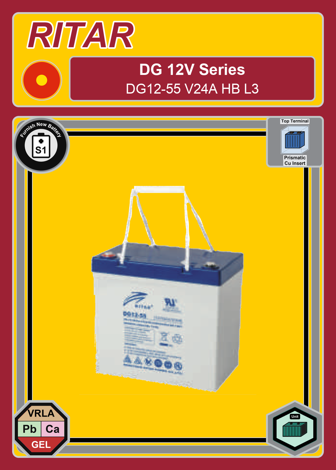 Furnish New Battery Ritar DG Series DG12 55 V24A HB L3