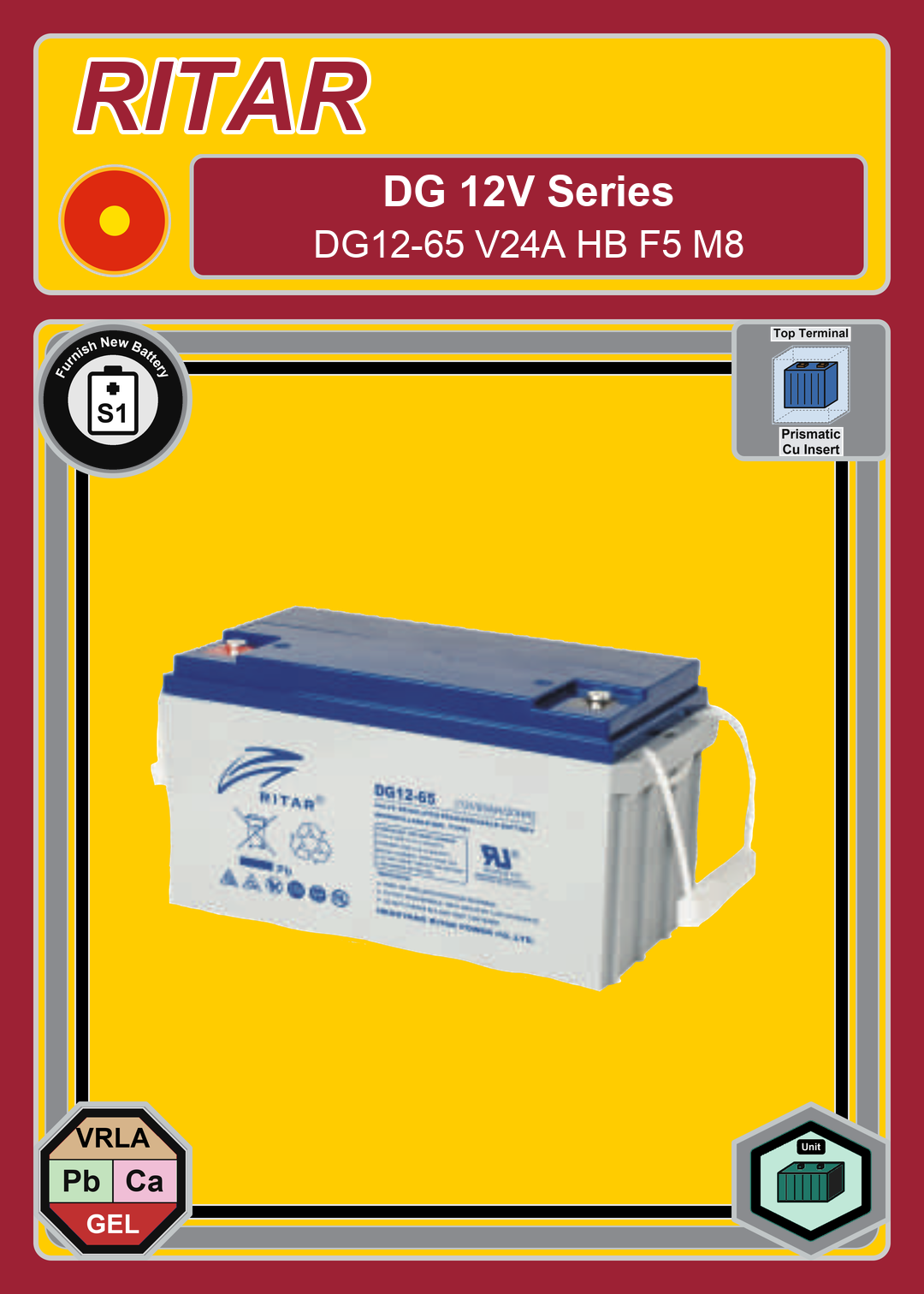 Furnish New Battery Ritar DG Series DG12 65 V24A HB F5 M8