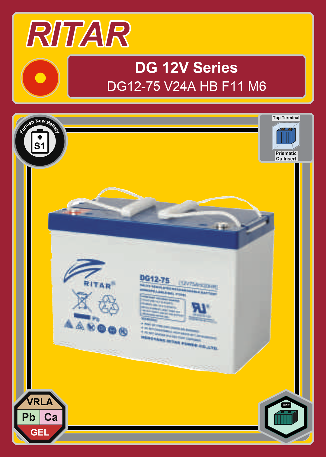 Furnish New Battery Ritar DG Series DG12 75 V24A HB F11 M6