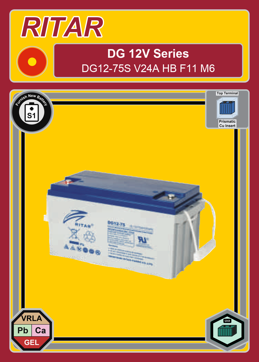 Furnish New Battery Ritar DG Series DG12 75S V24A HB F11 M6