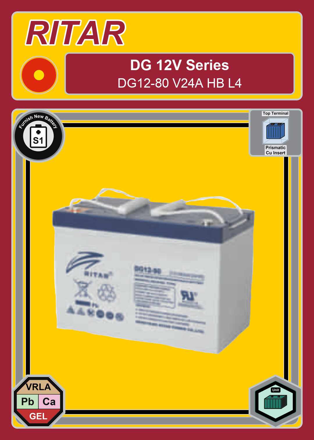 Furnish New Battery Ritar DG Series DG12 80 V24A HB L4