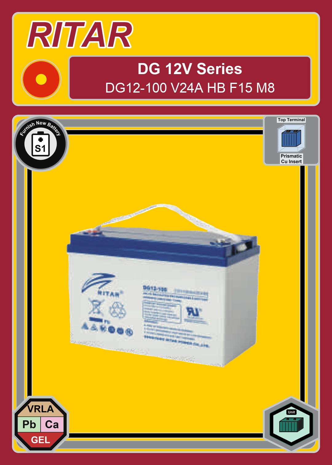 Furnish New Battery Ritar DG Series DG12 100 V24A HB F15 M8