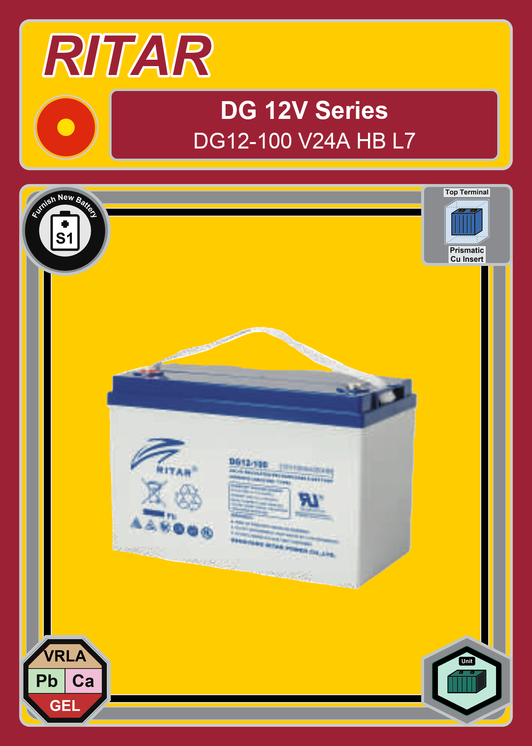 Furnish New Battery Ritar DG Series DG12 100 V24A HB L7