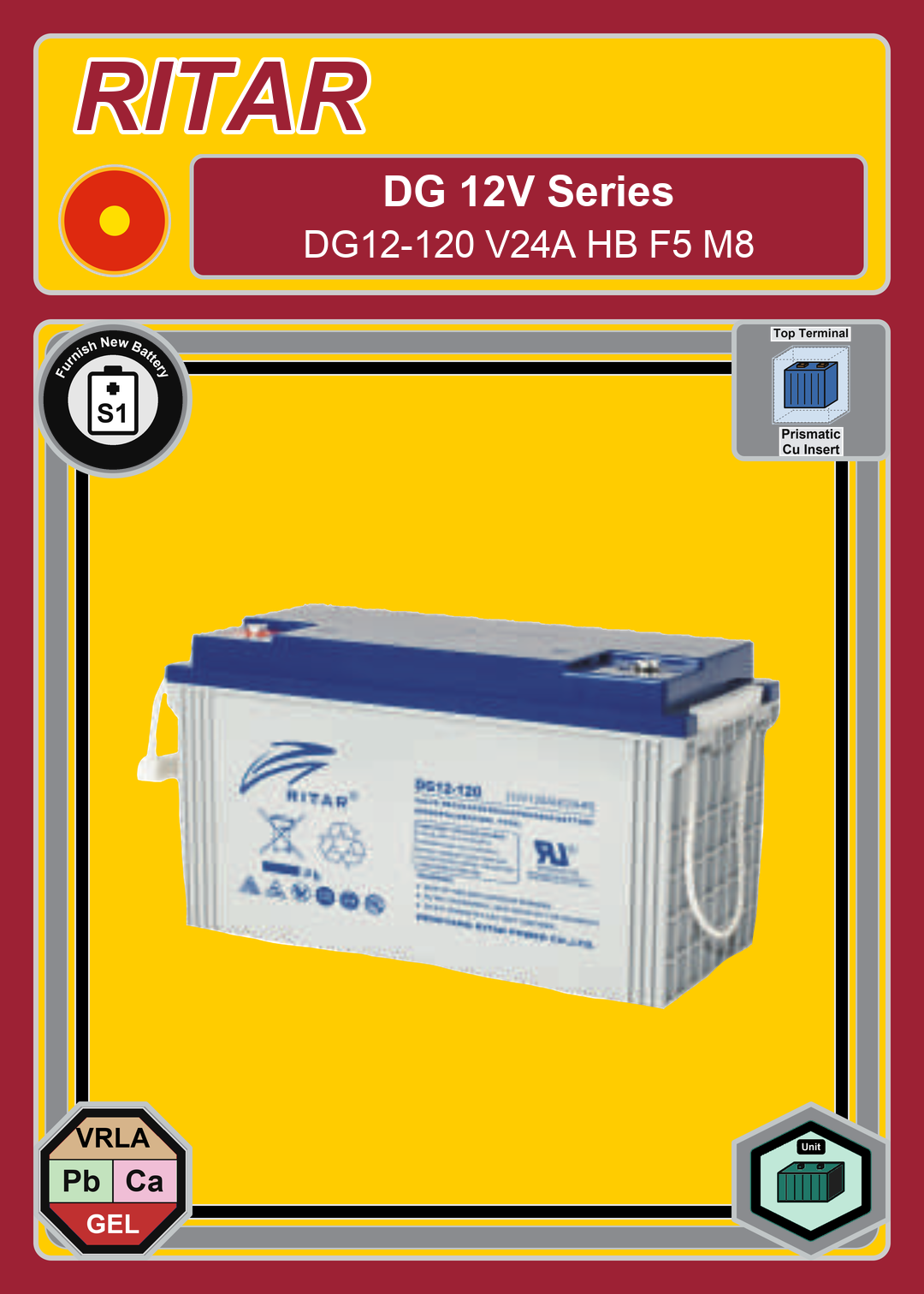Furnish New Battery Ritar DG Series DG12 120 V24A HB F5 M8