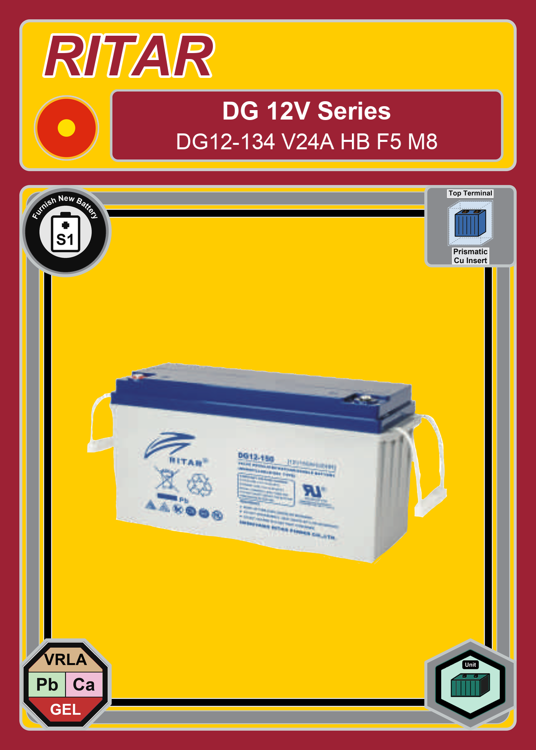 Furnish New Battery Ritar DG Series DG12 134 V24A HB F5 M8