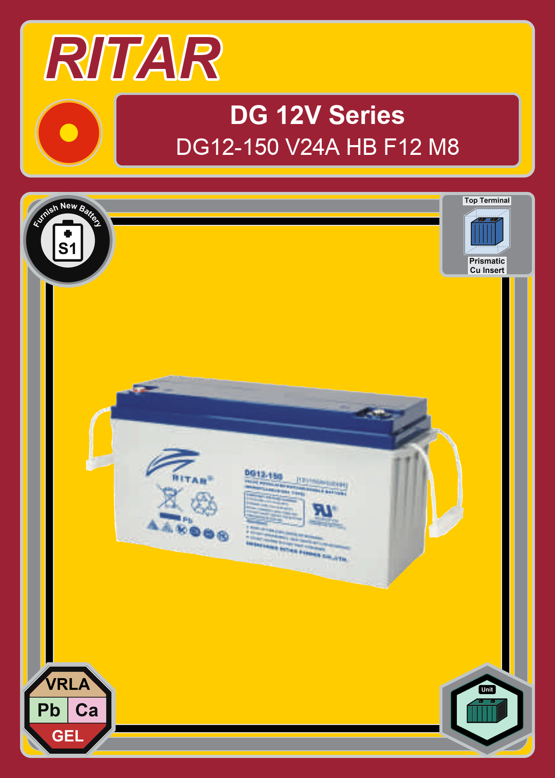 Furnish New Battery Ritar DG Series DG12 150 V24A HB F12 M8