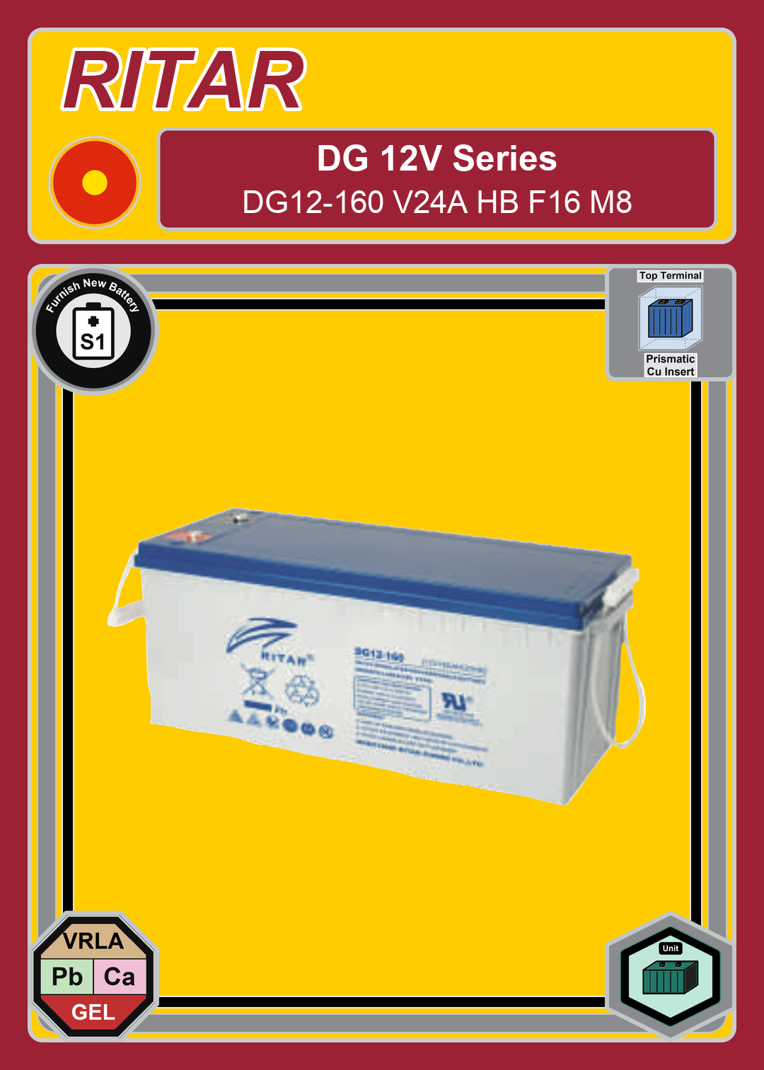 Furnish New Battery Ritar DG Series DG12 160 V24A HB F16 M8