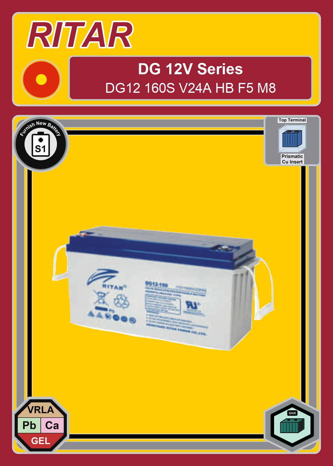 Furnish New Battery Ritar DG Series DG12 160S V24A HB F5 M8