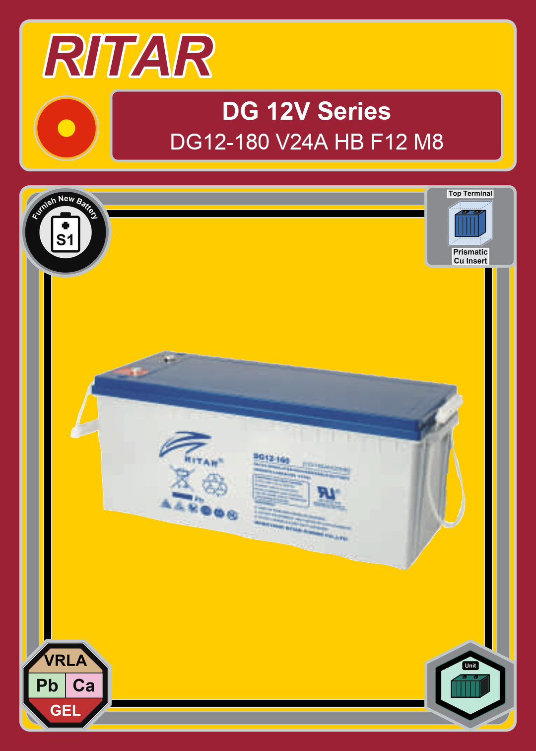 Furnish New Battery Ritar DG Series DG12 180 V24A HB F12 M8
