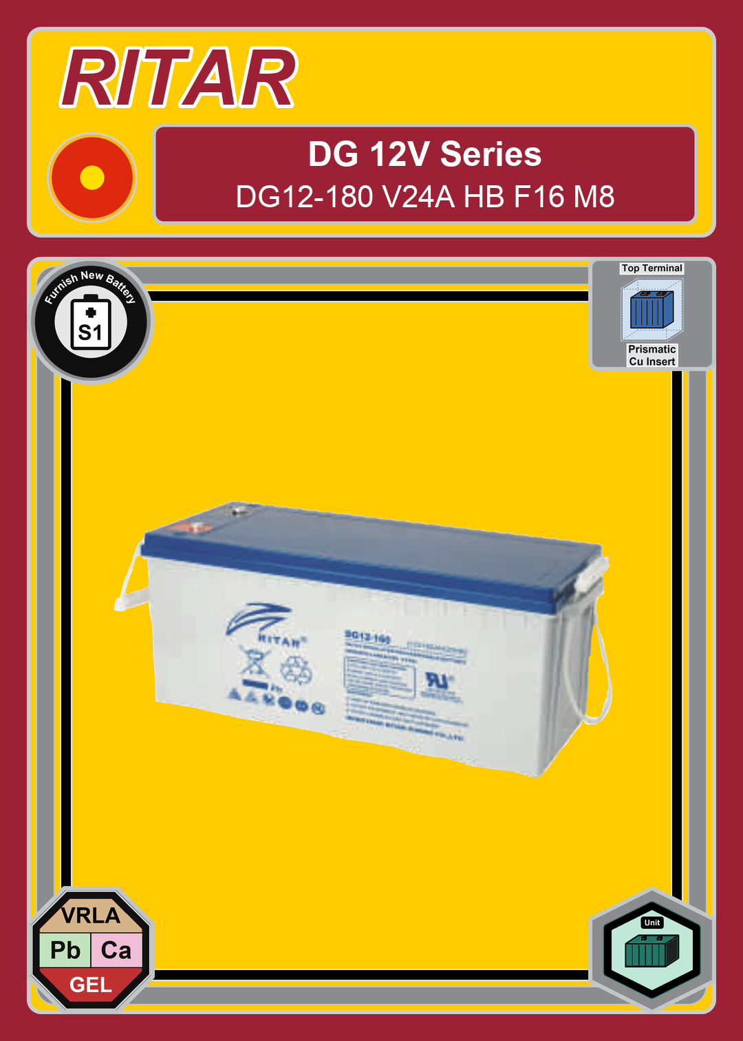 Furnish New Battery Ritar DG Series DG12 180 V24A HB F16 M8