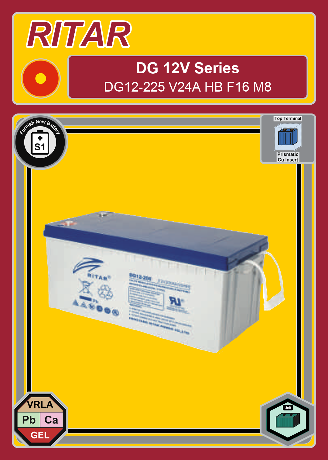 Furnish New Battery Ritar DG Series DG12 225 V24A HB F16 M8