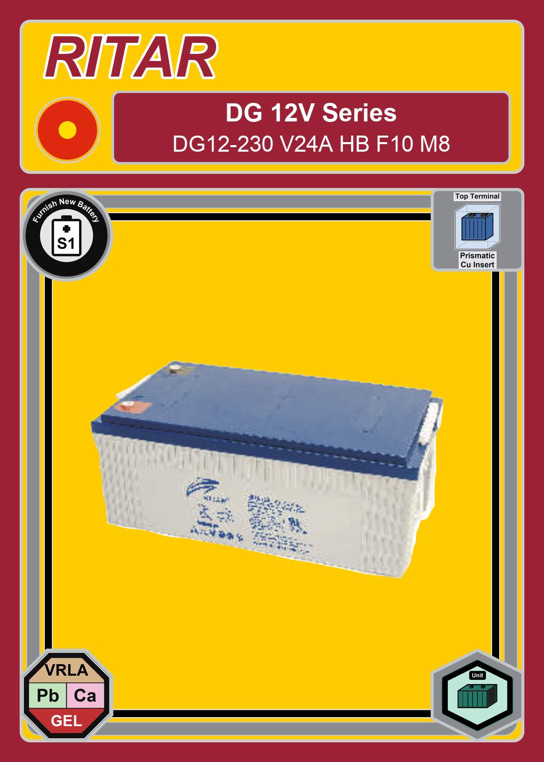 Furnish New Battery Ritar DG Series DG12 230 V24A HB F10 M8