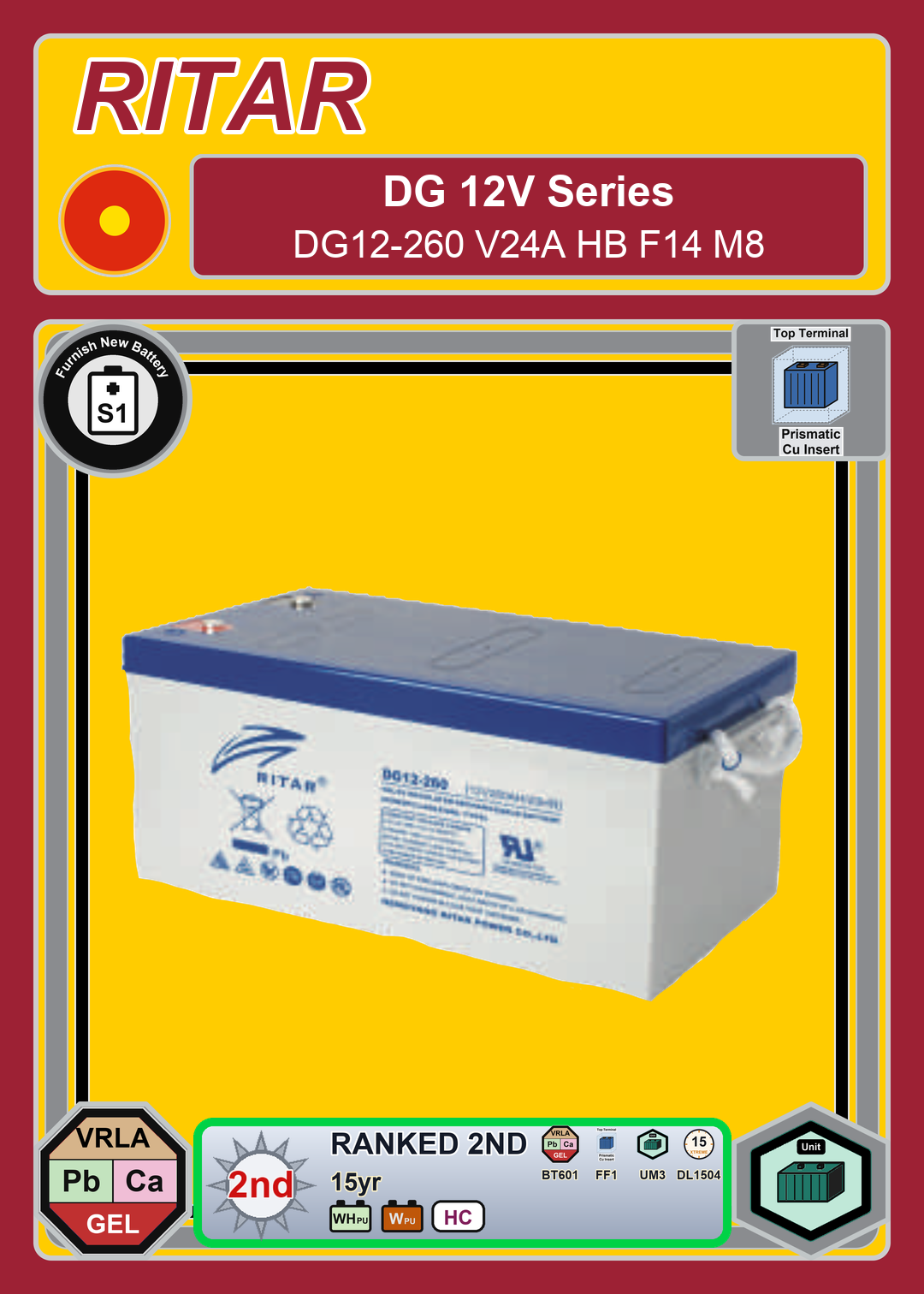 Furnish New Battery Ritar DG Series DG12 260 V24A HB F14 M8