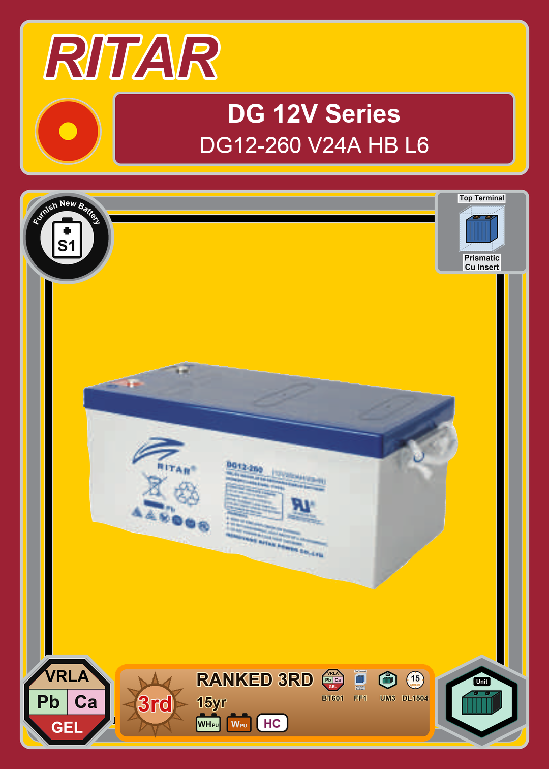 Furnish New Battery Ritar DG Series DG12 260 V24A HB L6