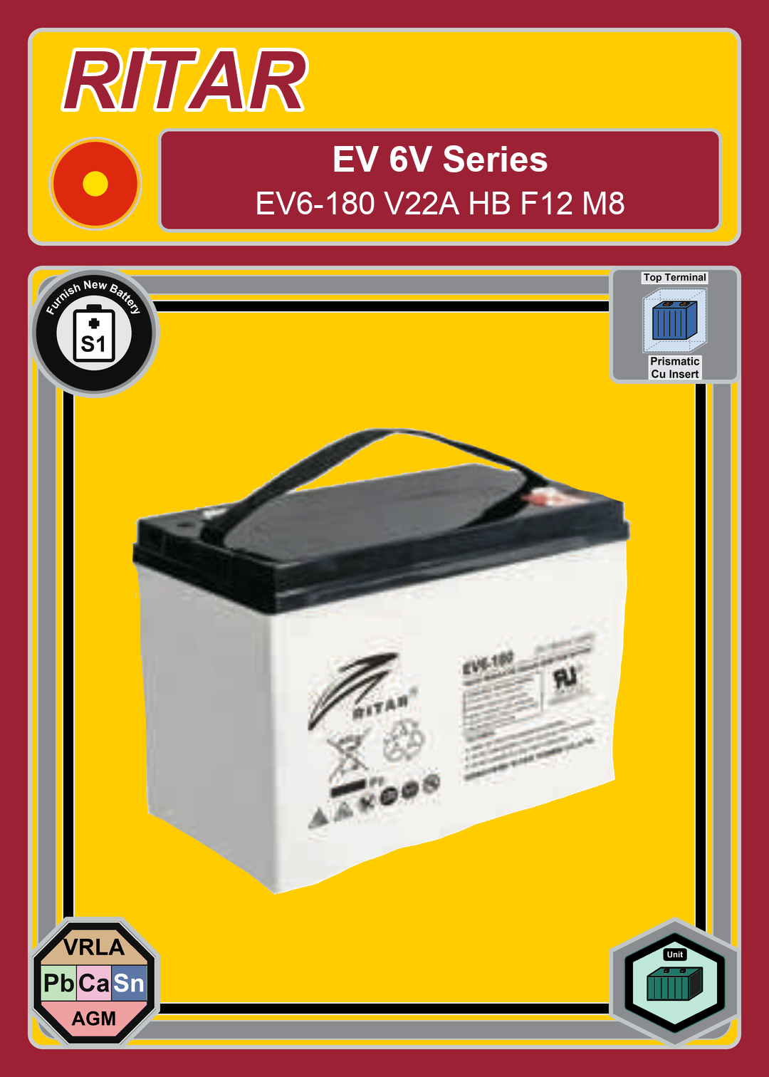 Furnish New Battery Ritar EV Series EV6 180 V22A HB F12 M8