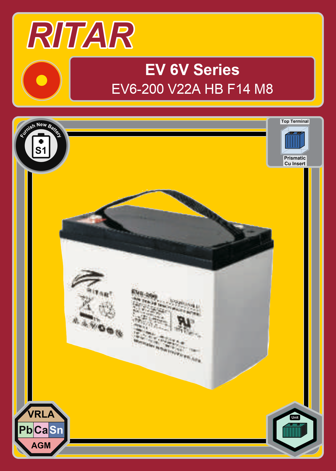 Furnish New Battery Ritar EV Series EV6 200 V22A HB F14 M8
