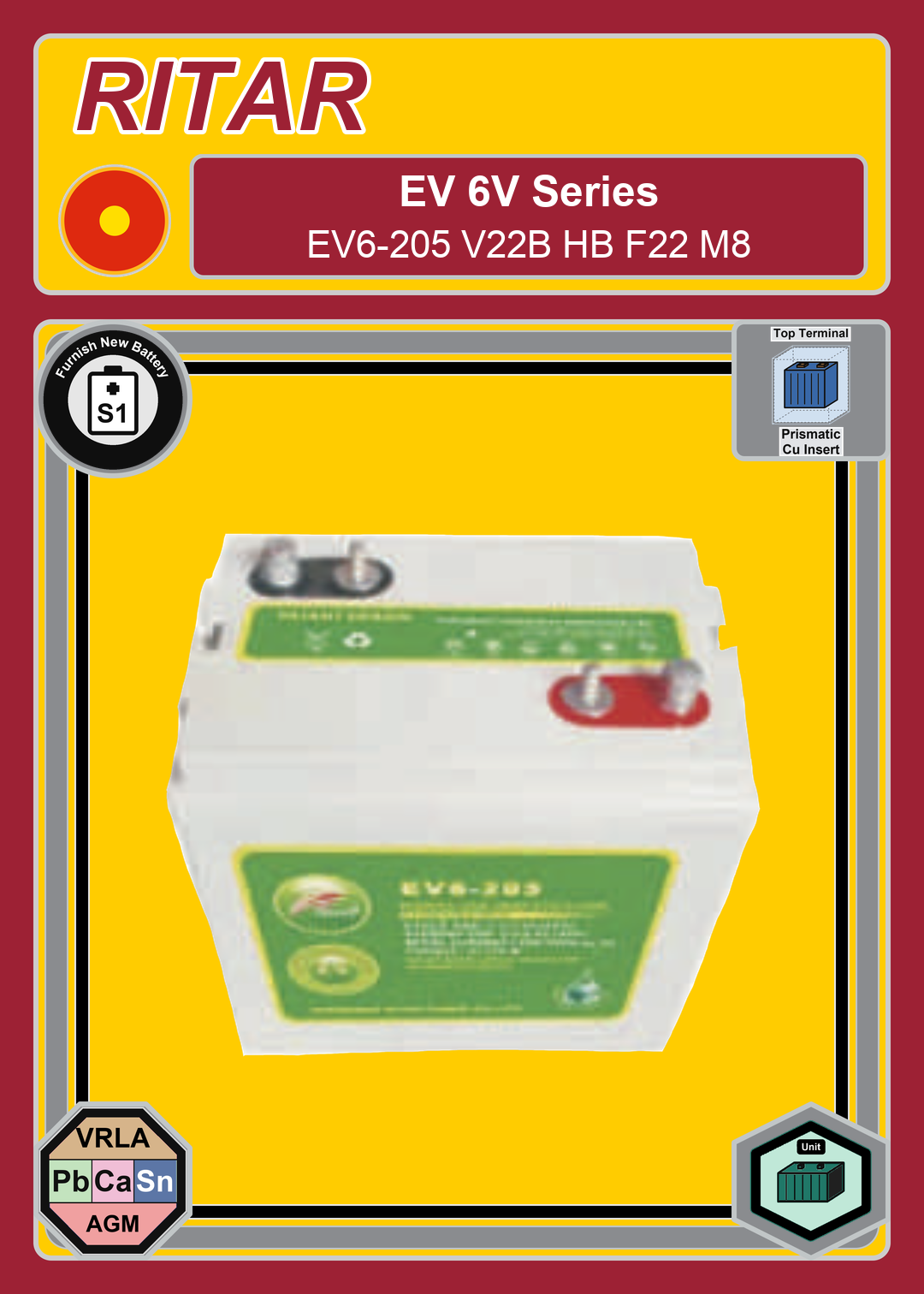 Furnish New Battery Ritar EV Series EV6 205 V22B HB F22 M8
