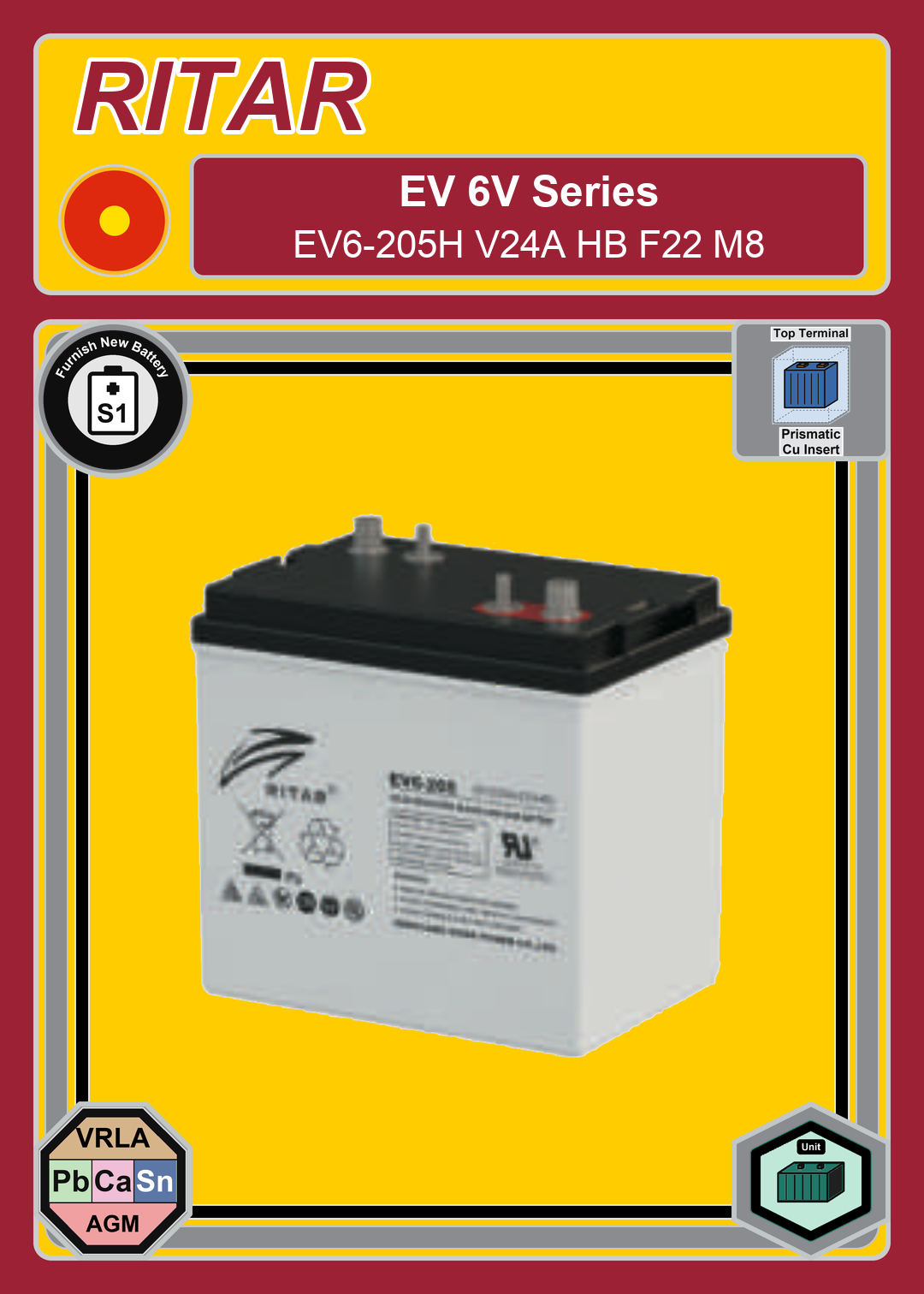 Furnish New Battery Ritar EV Series EV6 205H V24A HB F22 M8