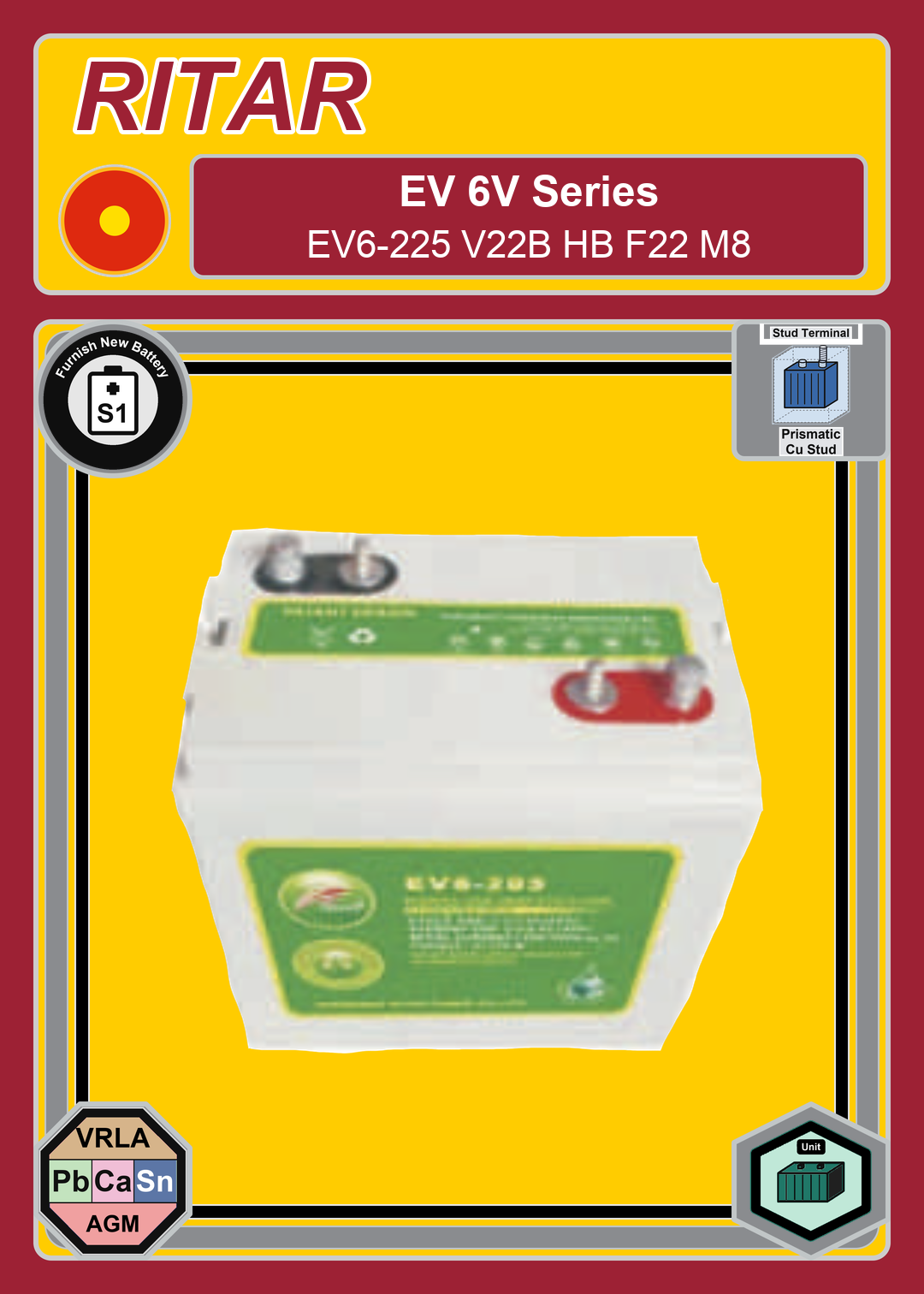 Furnish New Battery Ritar EV Series EV6 225 V22B HB F22 M8