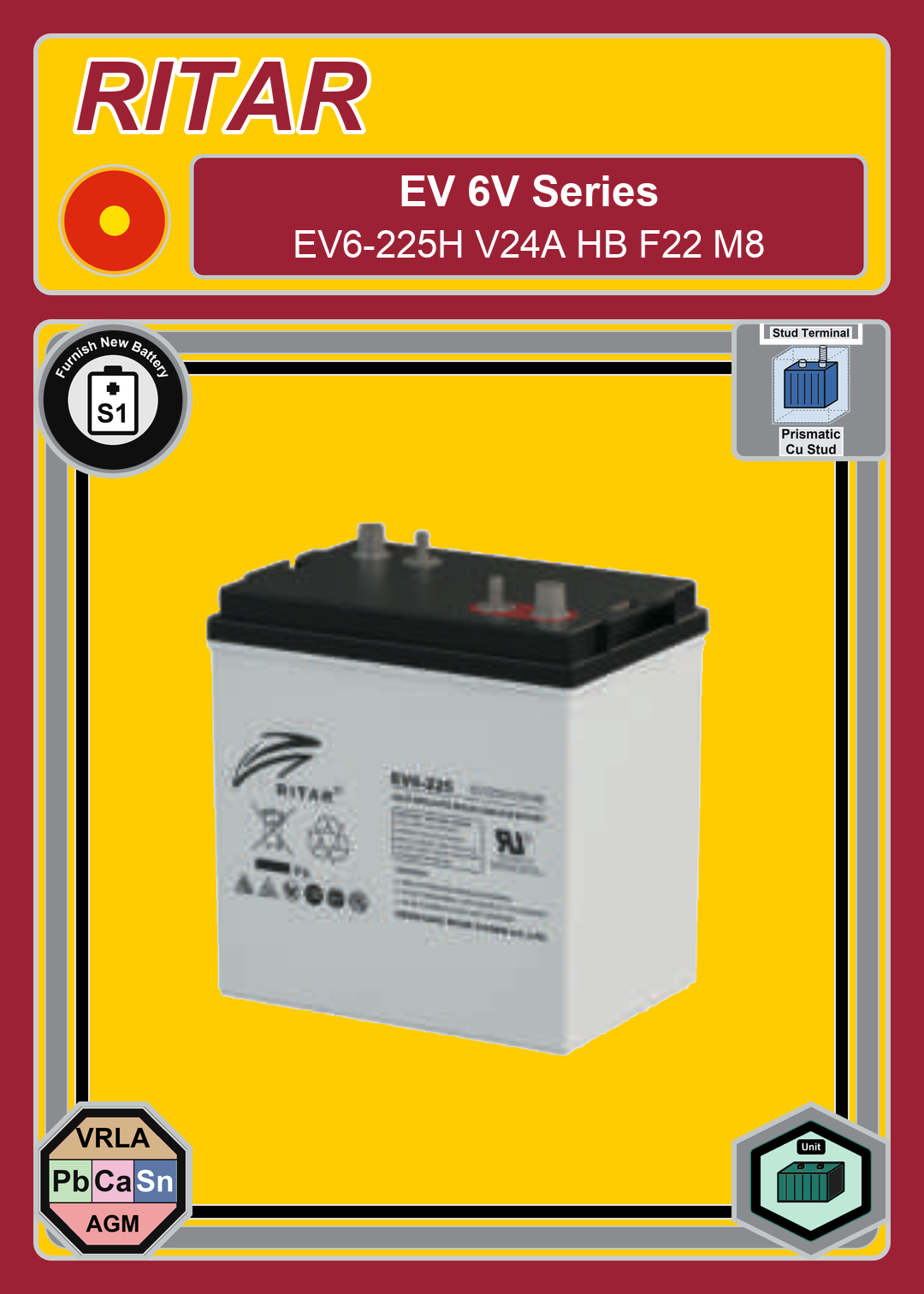 Furnish New Battery Ritar EV Series EV6 225H V24A HB F22 M8