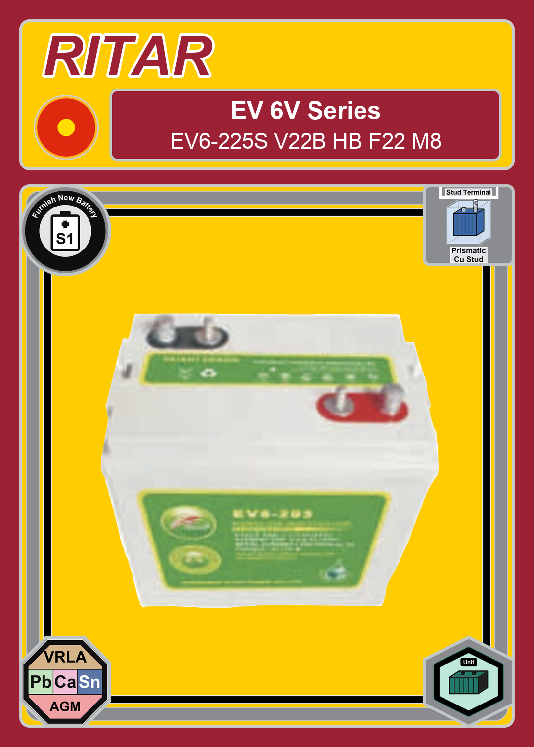 Furnish New Battery Ritar EV Series EV6 225S V22B HB F22 M8