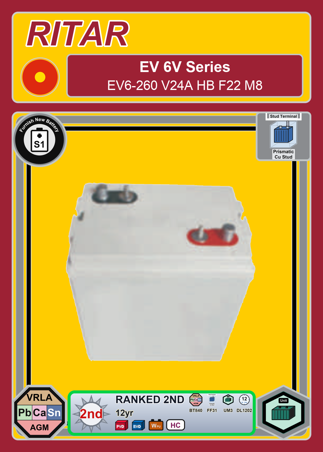 Furnish New Battery Ritar EV Series EV6 260 V24A HB F22 M8