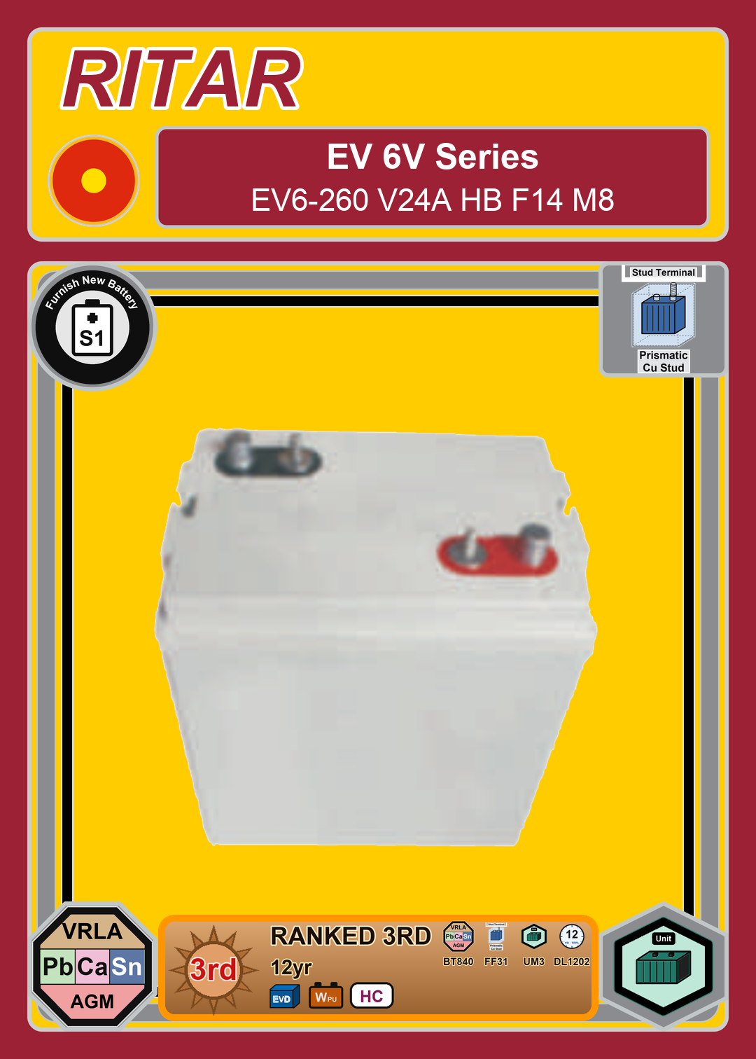 Furnish New Battery Ritar EV Series EV6 260 V24A HB F14 M8