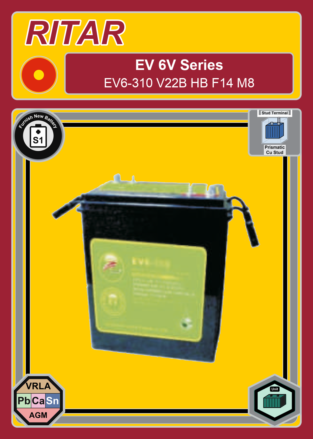 Furnish New Battery Ritar EV Series EV6 310 V22B HB F14 M8