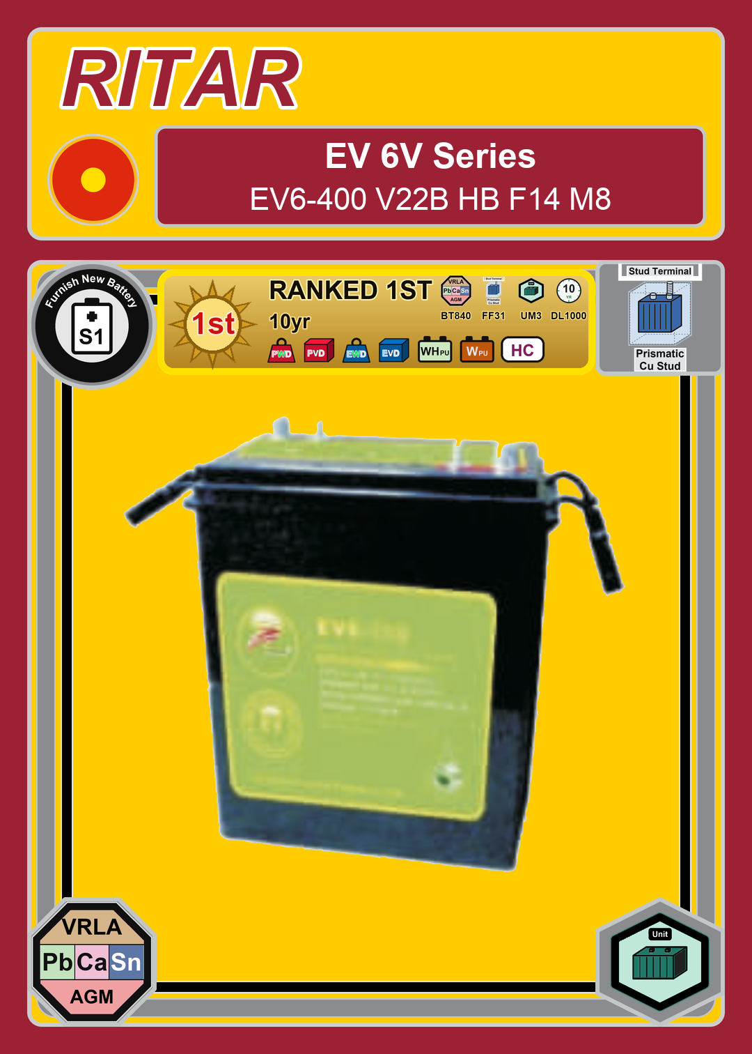 Furnish New Battery Ritar EV Series EV6 400 V22B HB F14 M8
