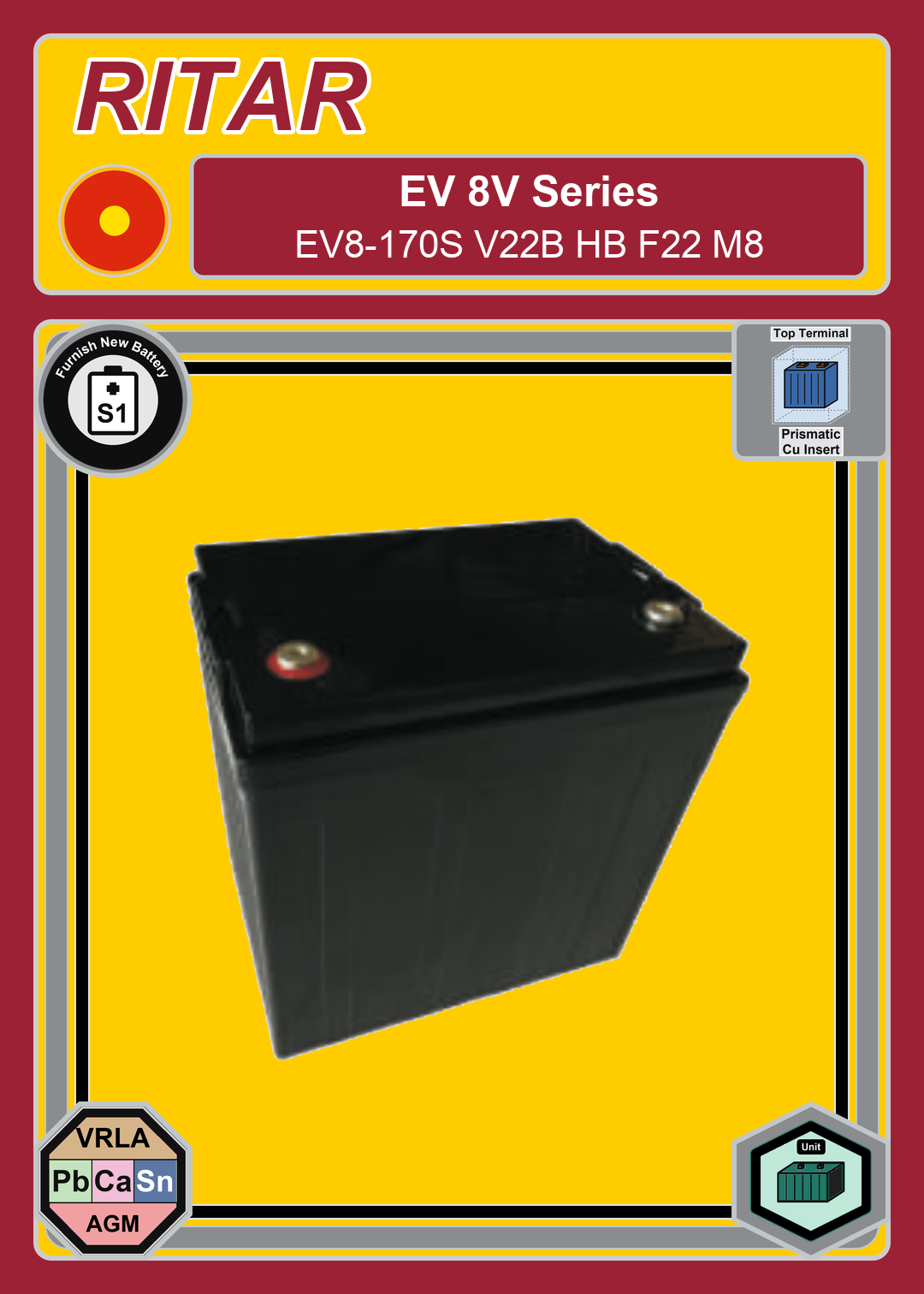 Furnish New Battery Ritar EV Series EV8 170S V22B HB F22 M8