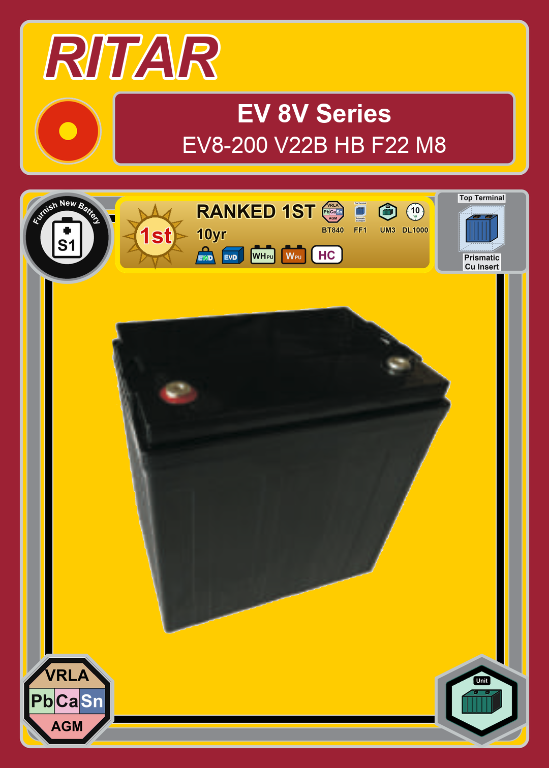 Furnish New Battery Ritar EV Series EV8 200 V22B HB F22 M8